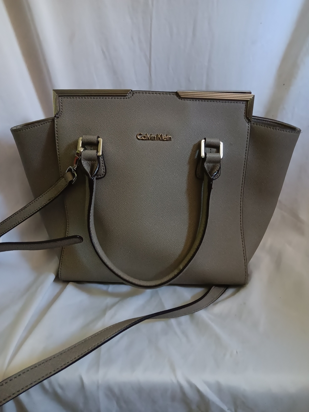 CALVIN KLEIN Taupe Gray Satchel Tote Handbag Purse w/ Removable Shoulder Strap
